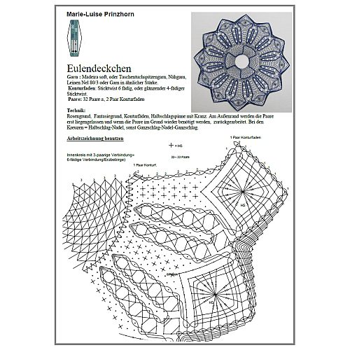Klöppelbrief Eulendeckchen ~ M.L. Prinzhorn, in der Klöppelwerkstatt, Klöppeln, Deckchen, Aurifil, Madeira Soft