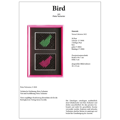 Klöppelbrief Bird - Petra Tschanter, in der Klöppelwerkstatt, klöppeln, Torchon, Passepartouts