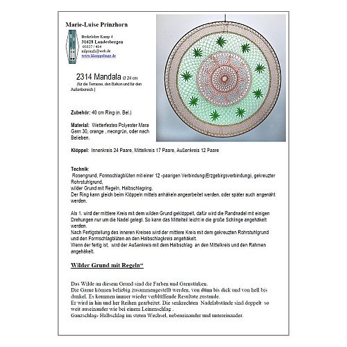 Klöppelbrief Mandala 2314 ~ M. L. Prinzhorn, in der Köppelwerkstatt erhältlich, Fensterbild, Torchon, klöppeln