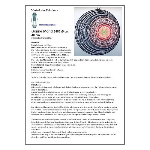 Klöppelbrief Sonne Mond 2406 ~ M. L. Prinzhorn, in der Köppelwerkstatt erhältlich, Fensterbild, Torchon, klöppeln