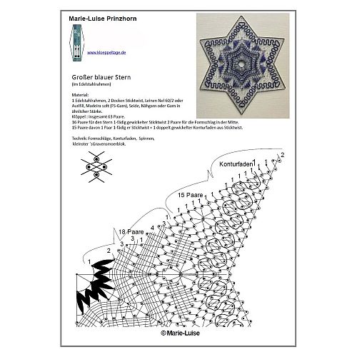 Klöppelbrief großer blauer Stern ~ M.L. Prinzhorn - Klöppelwerkstatt, 64 Paare, empf. Garne: Leinengarn Stärke Nel 60/2, klöppeln, Weihnachten, Christmas